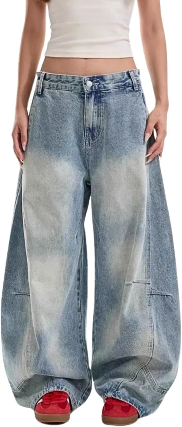 Mens Baggy Jeans Y2k Wide Leg Barrel Jeans for Women Stretchy Hip Hop Loose Denim Pants Grunge Clothes Streetwear