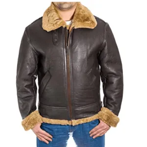 Men's Brown Aviator Faux Fur Leather Jacket