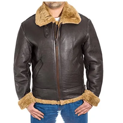Men's Brown Aviator Faux Fur Leather Jacket