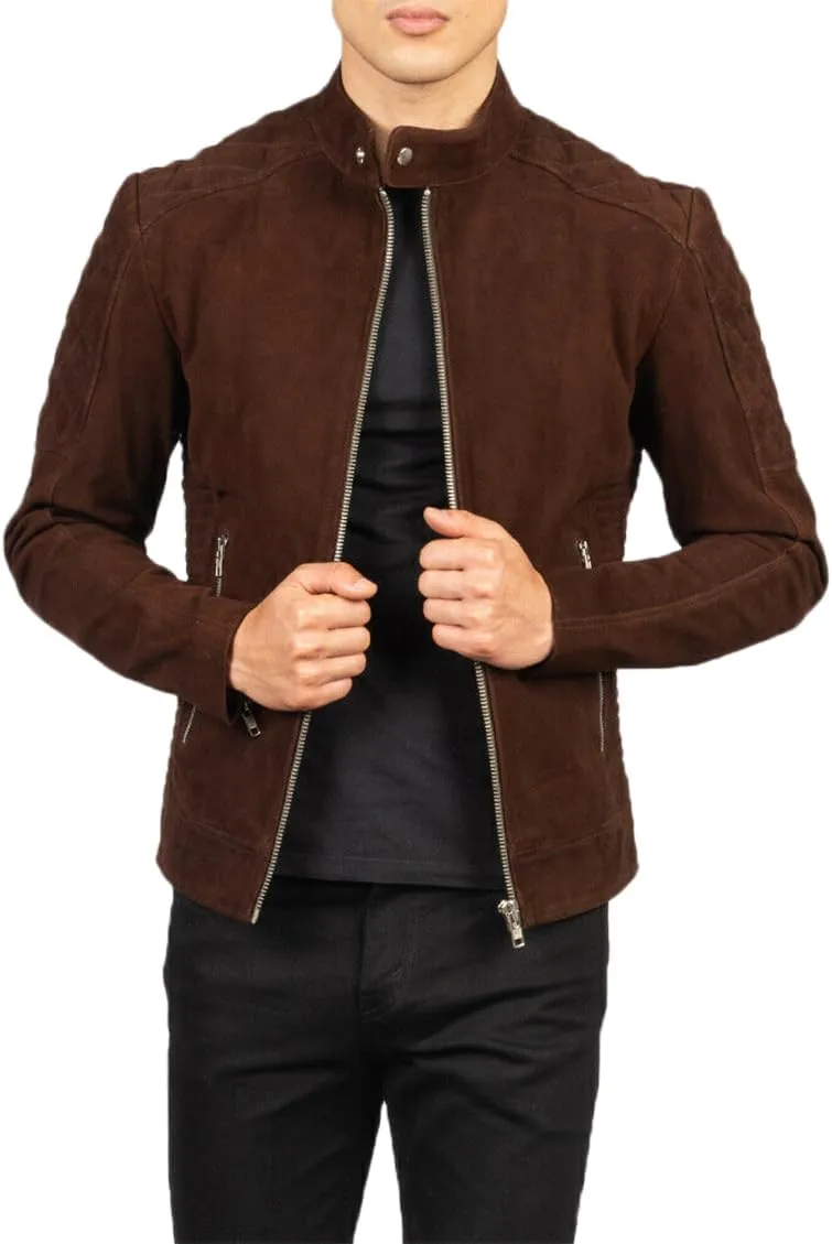Men's Brown classic Real Lambskin Suede Brown Biker Motorcycle Jacket Slim Fit Coat