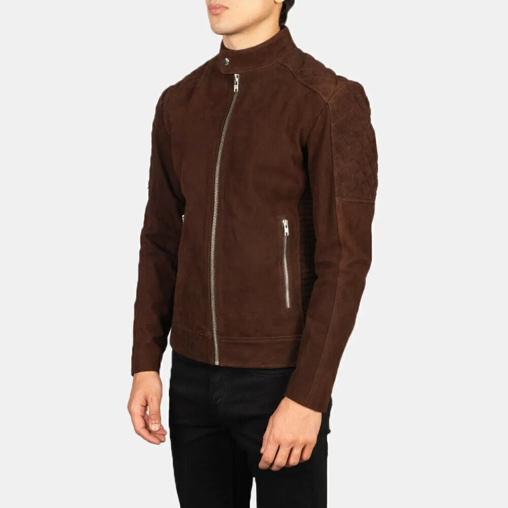 Men's Brown classic Real Lambskin Suede Brown Biker Motorcycle Jacket Slim Fit Coat