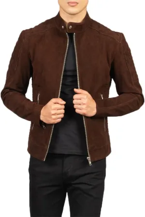 Men's Brown classic Real Lambskin Suede Brown Biker Motorcycle Jacket Slim Fit Coat