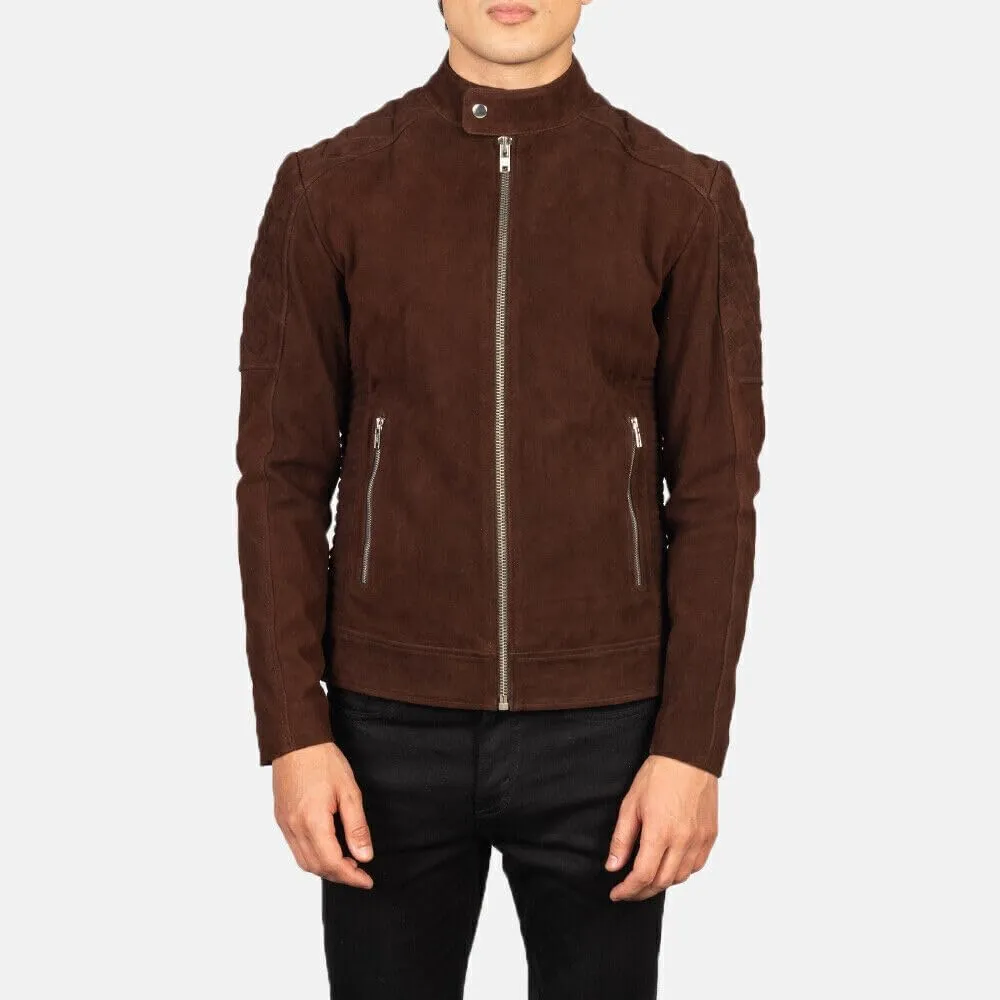 Men's Brown classic Real Lambskin Suede Brown Biker Motorcycle Jacket Slim Fit Coat