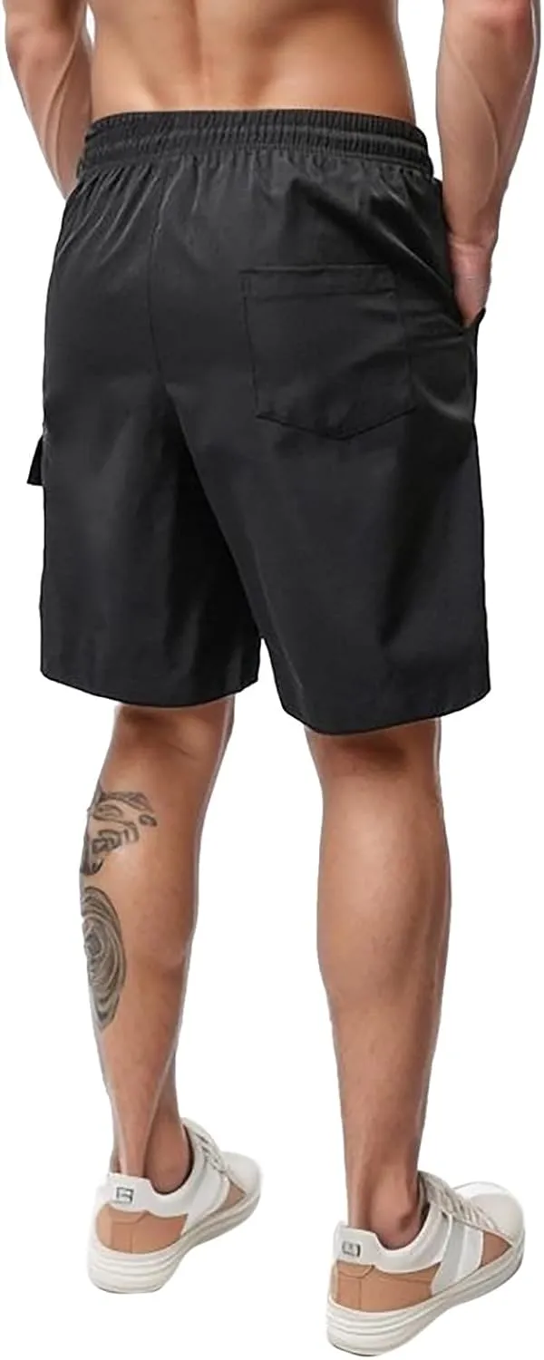 Men's Casual Shorts Elastic Waist Drawstring Basic Summer Beach Shorts with Zipper Pockets