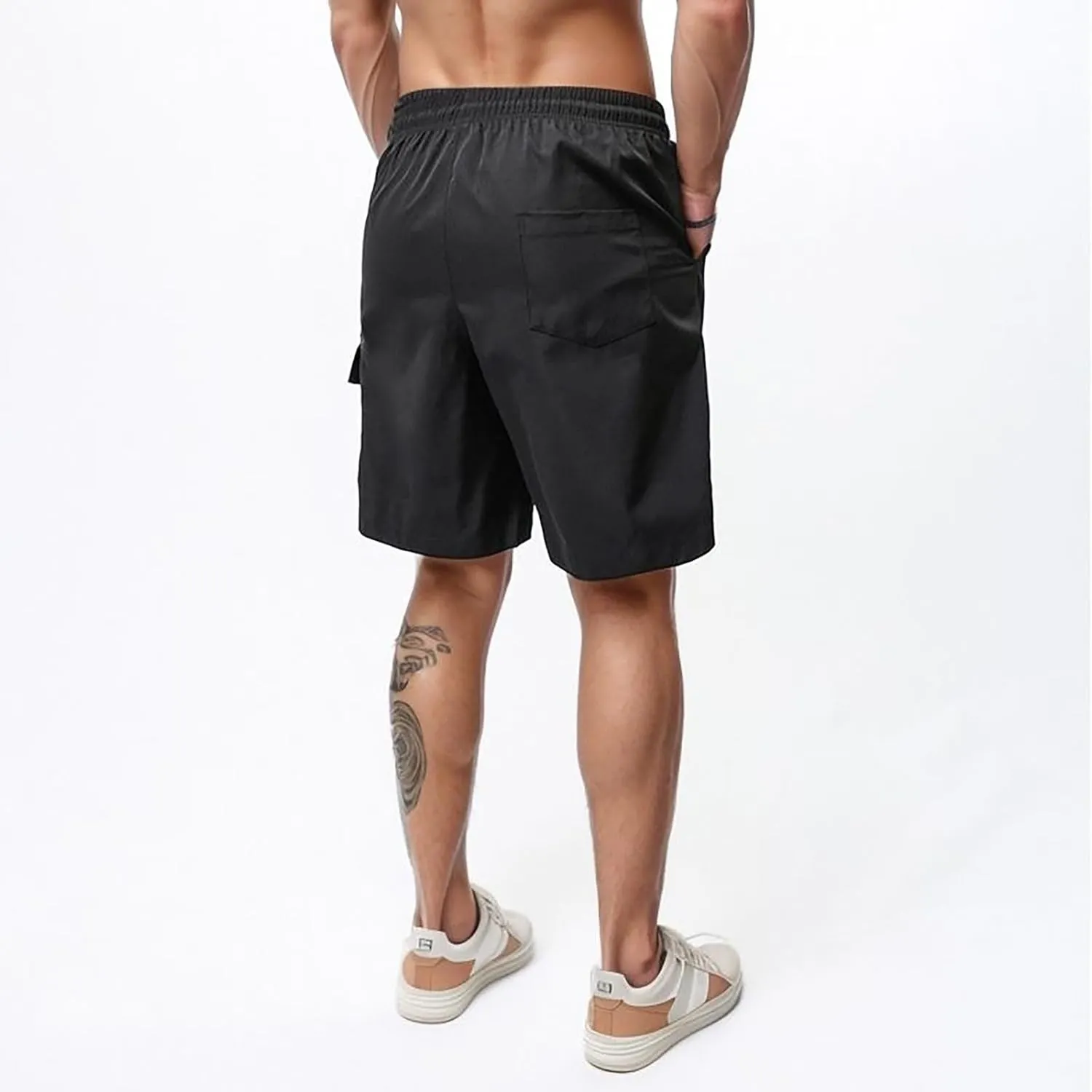 Men's Casual Shorts Elastic Waist Drawstring Basic Summer Beach Shorts with Zipper Pockets