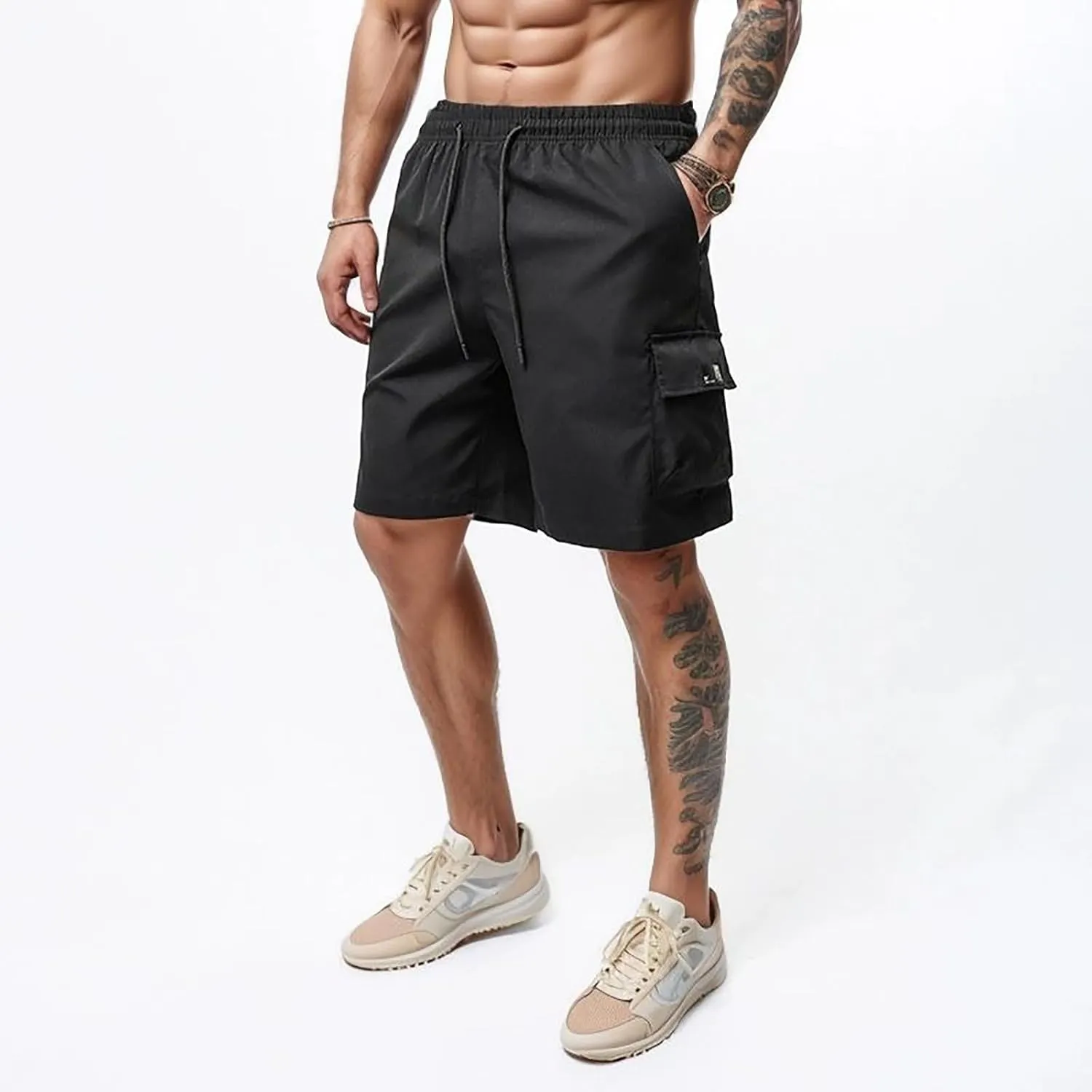 Men's Casual Shorts Elastic Waist Drawstring Basic Summer Beach Shorts with Zipper Pockets