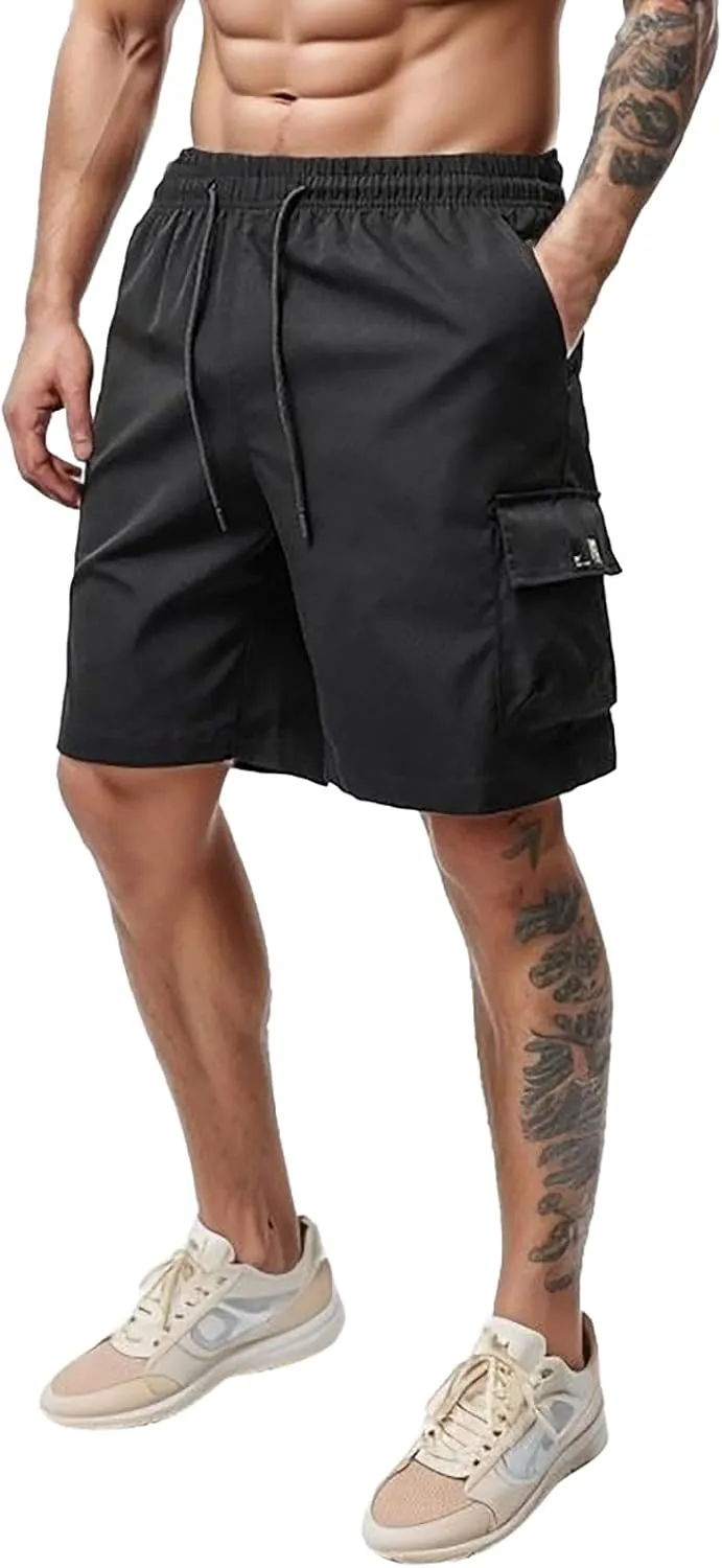 Men's Casual Shorts Elastic Waist Drawstring Basic Summer Beach Shorts with Zipper Pockets