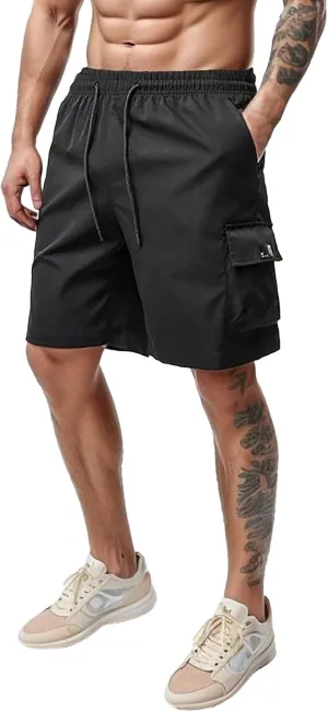 Men's Casual Shorts Elastic Waist Drawstring Basic Summer Beach Shorts with Zipper Pockets