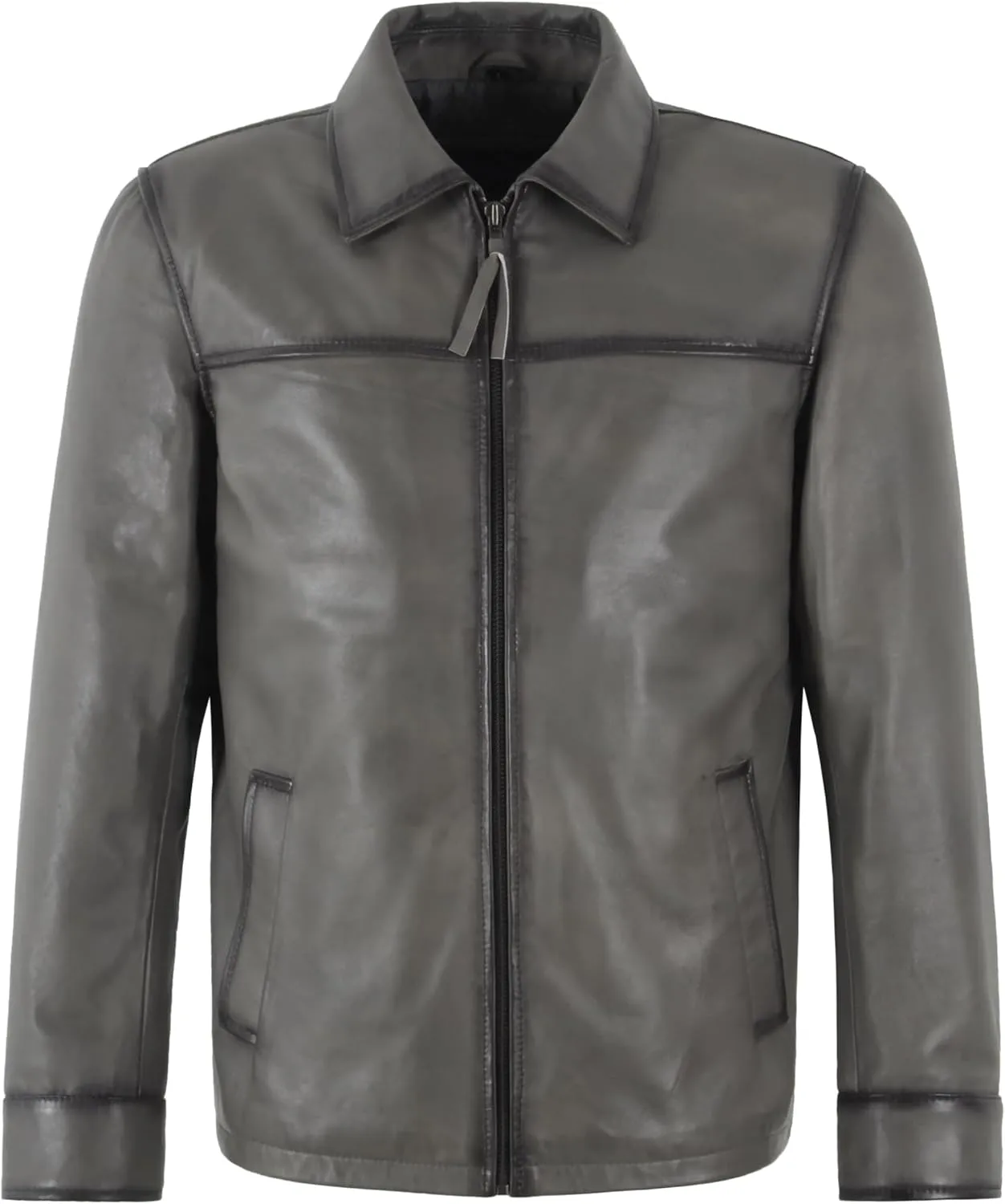 Men's Classic Collar Style Charcoal Grey Washed Casual Lambskin Leather Jacket 1698