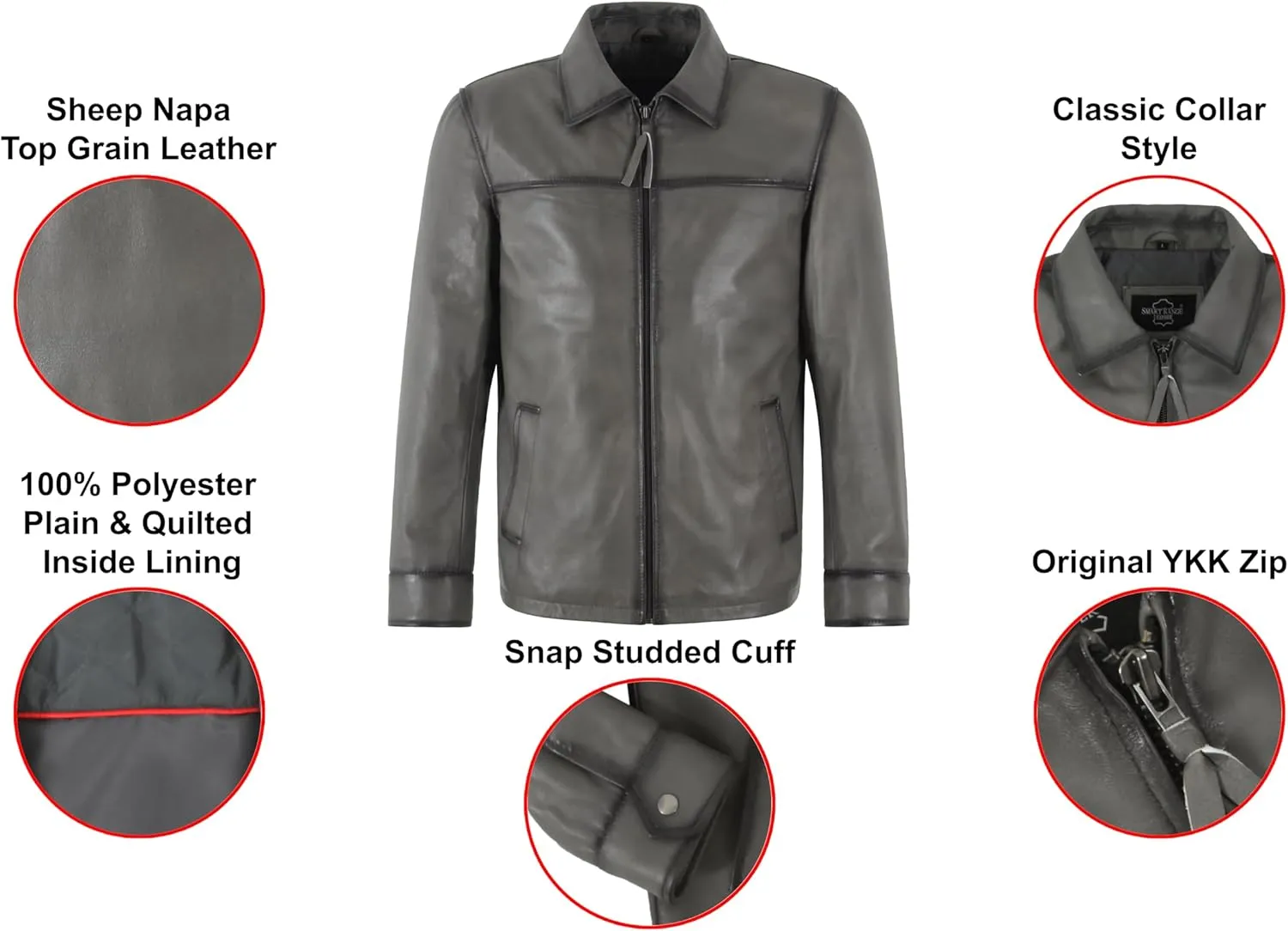 Men's Classic Collar Style Charcoal Grey Washed Casual Lambskin Leather Jacket 1698