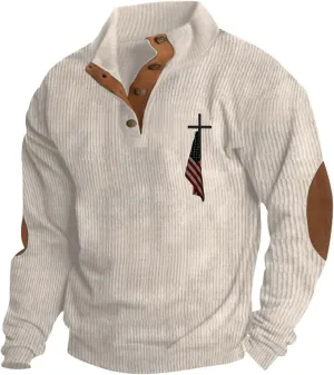 Mens Corduroy Shirts Casual Outdoor American Flag Print Graphic Sweatshirt 1/4 Button Up Mock Neck Pullover Sweater