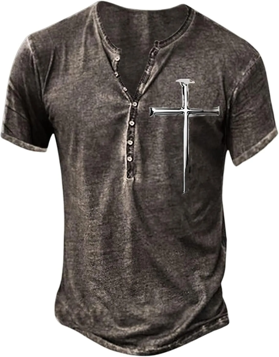 Mens Distressed Short/Long Sleeves Henley Shirt Jesus Cross Nail Print Retro Button Down V Neck Shirts for Men