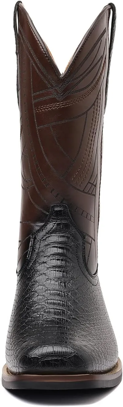 Men's Exotic Printed Leather and Embroidered Wide Square Toe Cowboy College Boots Men's Crocodile Print Boots