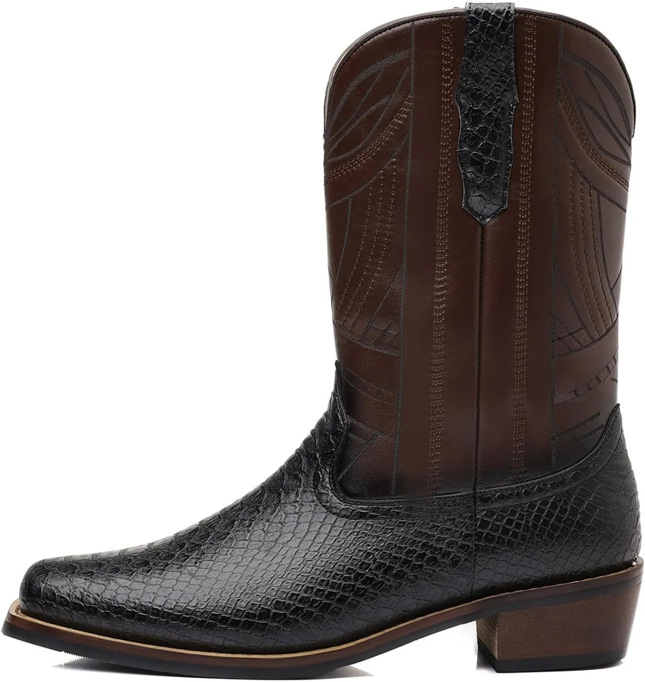 Men's Exotic Printed Leather and Embroidered Wide Square Toe Cowboy College Boots Men's Crocodile Print Boots