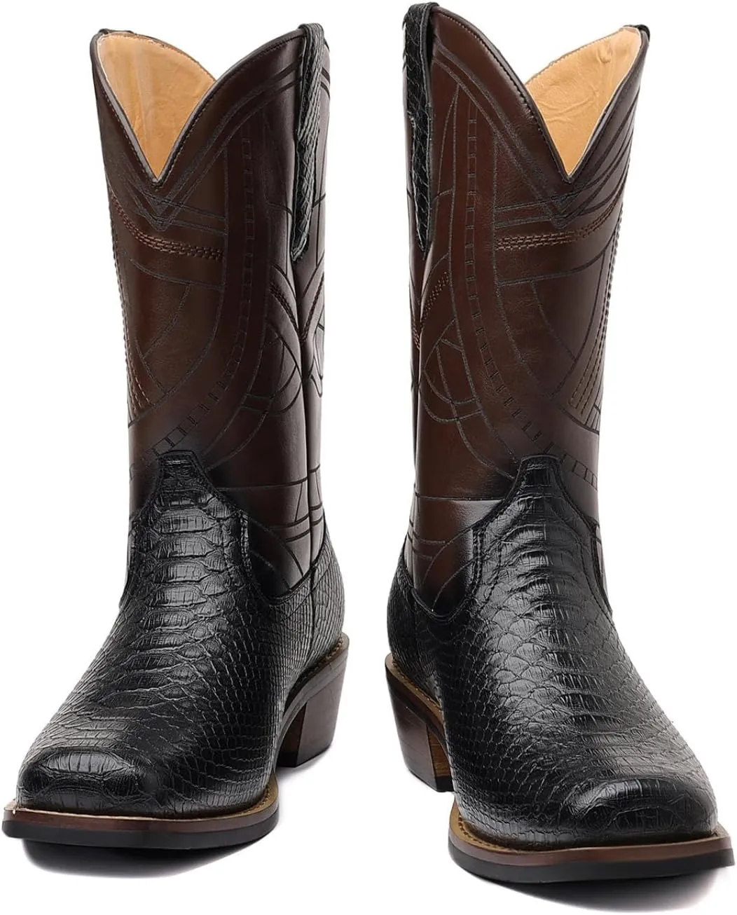 Men's Exotic Printed Leather and Embroidered Wide Square Toe Cowboy College Boots Men's Crocodile Print Boots