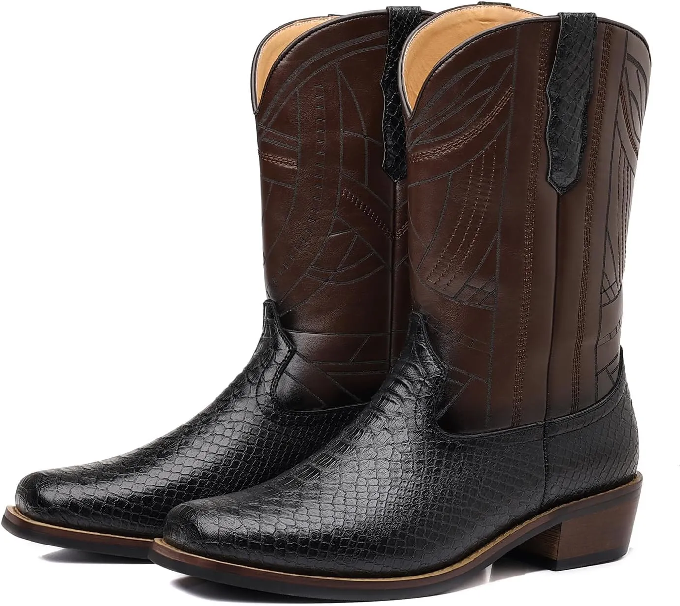 Men's Exotic Printed Leather and Embroidered Wide Square Toe Cowboy College Boots Men's Crocodile Print Boots