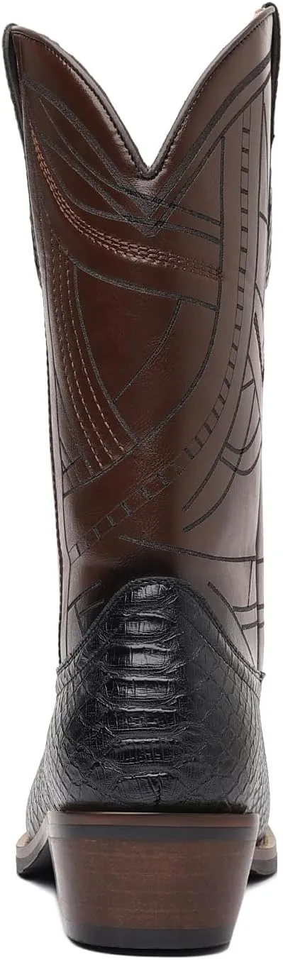 Men's Exotic Printed Leather and Embroidered Wide Square Toe Cowboy College Boots Men's Crocodile Print Boots