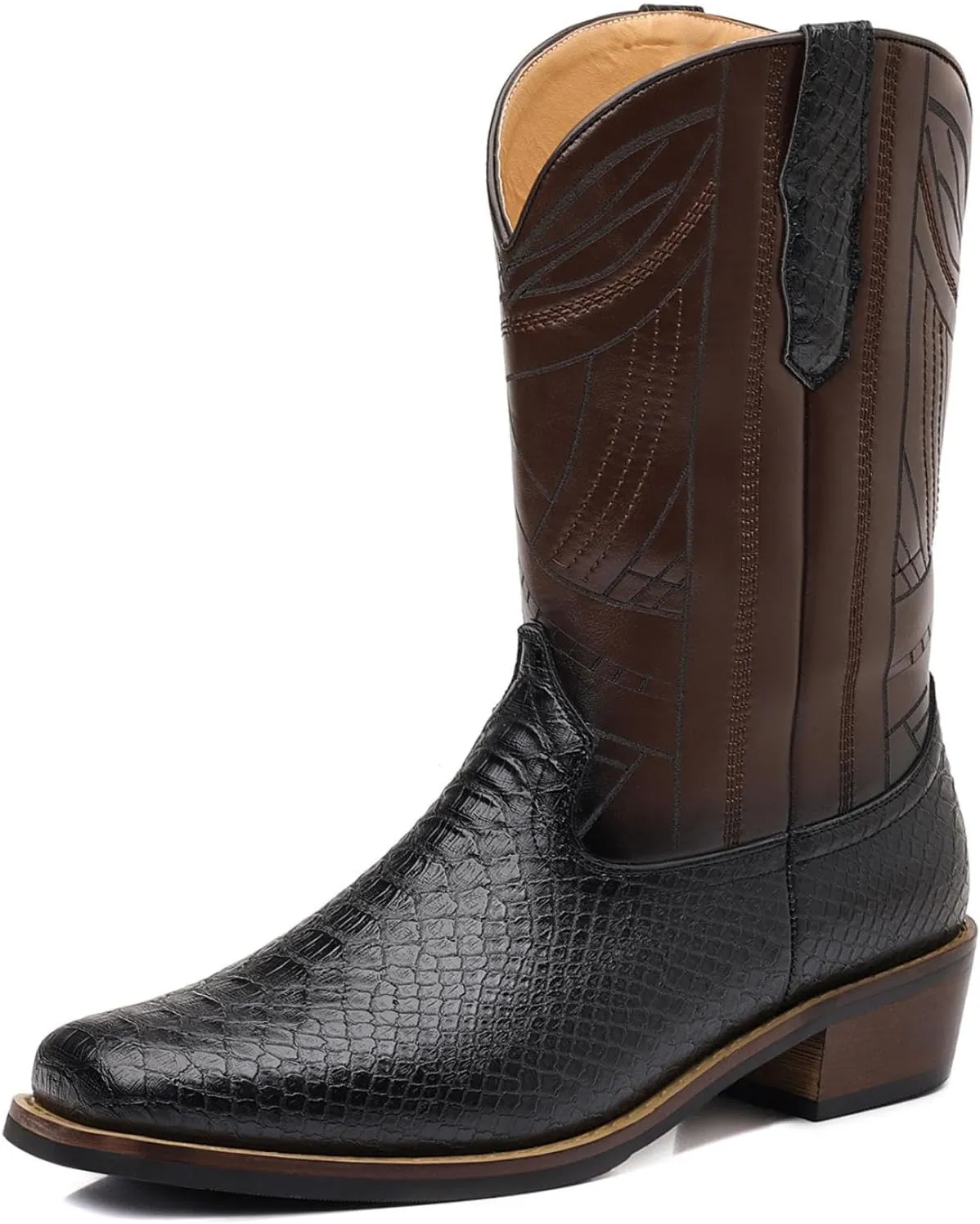 Men's Exotic Printed Leather and Embroidered Wide Square Toe Cowboy College Boots Men's Crocodile Print Boots