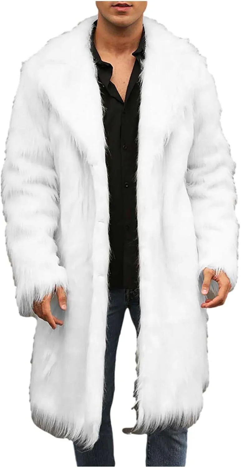 Men's Faux Fur Coat Long Open Front Cardigan Winter Fuzzy Fleece Jacket Warm Overcoat Turn Down Collar Coat