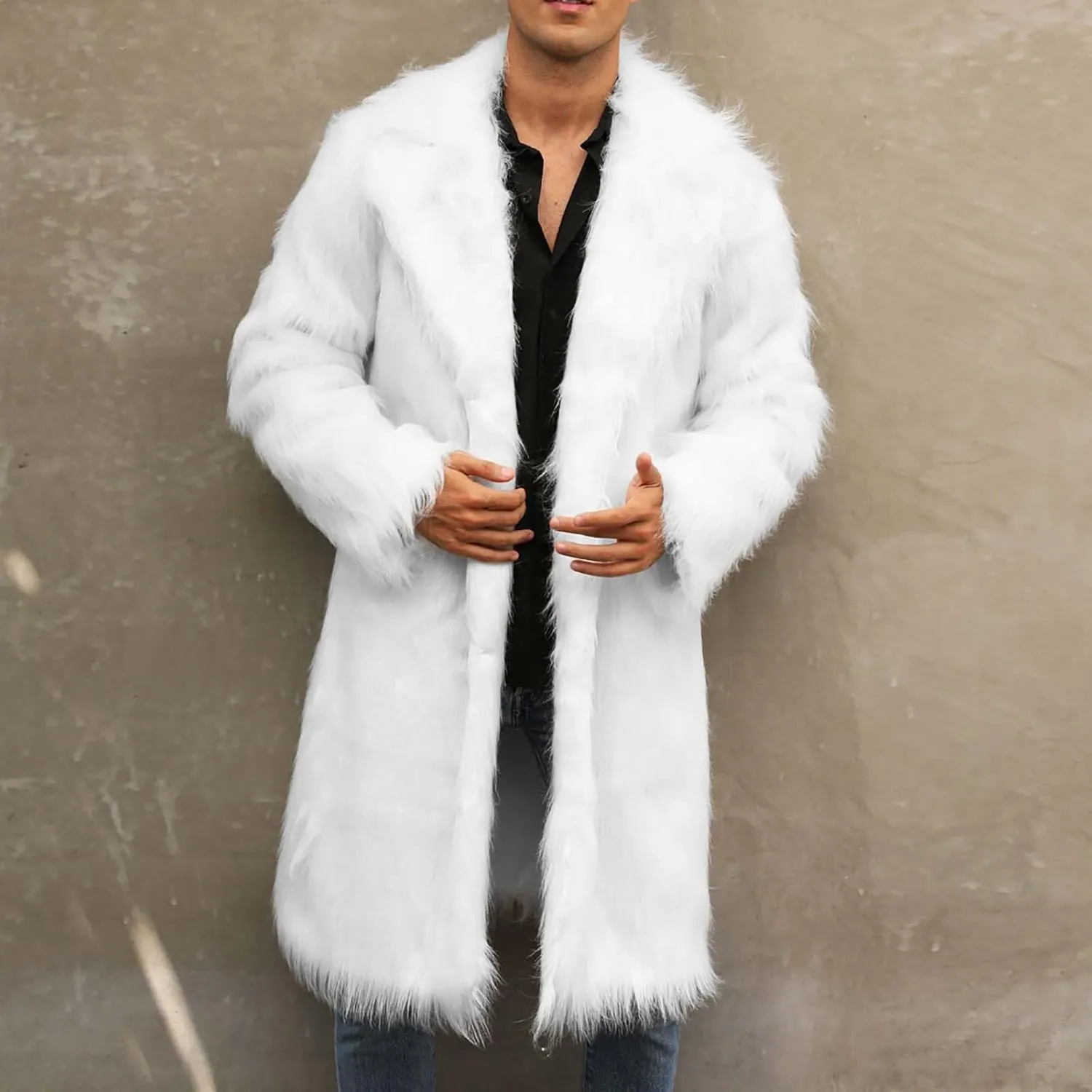 Men's Faux Fur Coat Long Open Front Cardigan Winter Fuzzy Fleece Jacket Warm Overcoat Turn Down Collar Coat