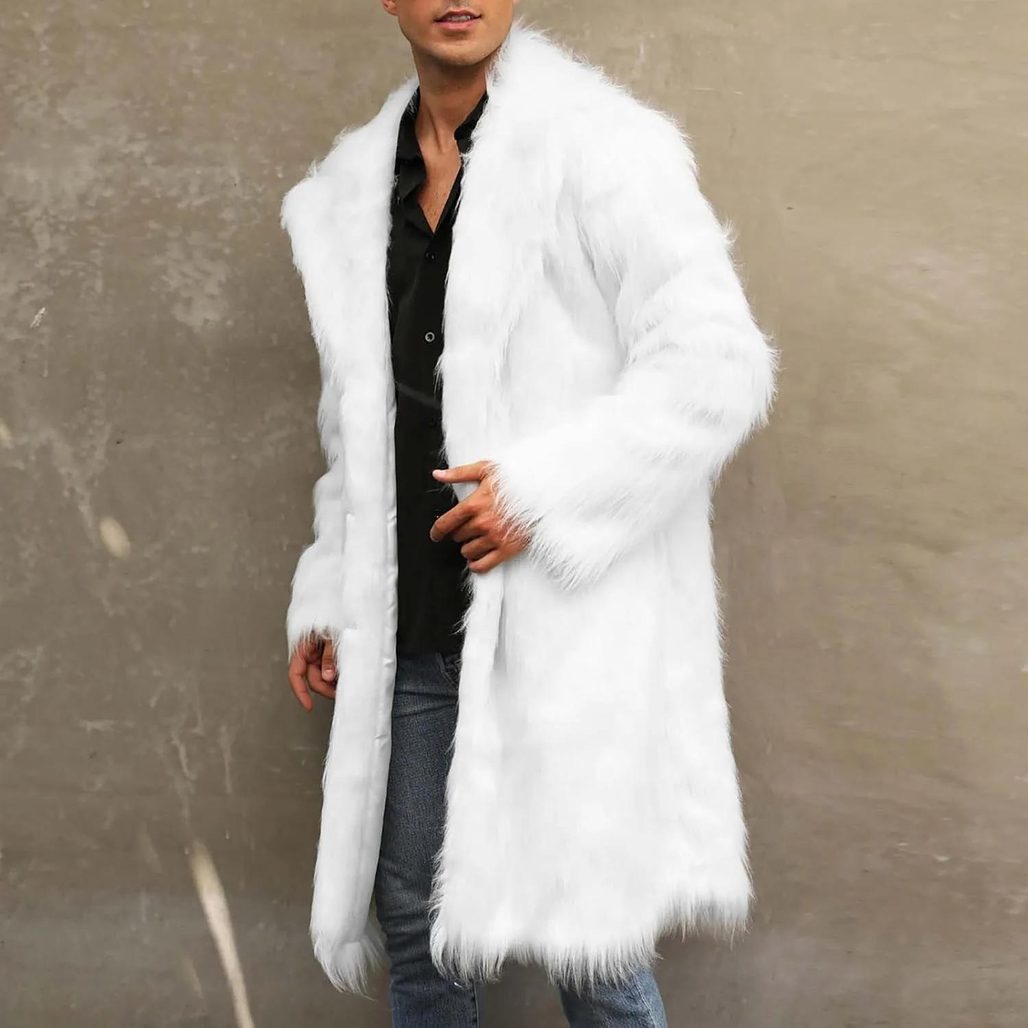 Men's Faux Fur Coat Long Open Front Cardigan Winter Fuzzy Fleece Jacket Warm Overcoat Turn Down Collar Coat