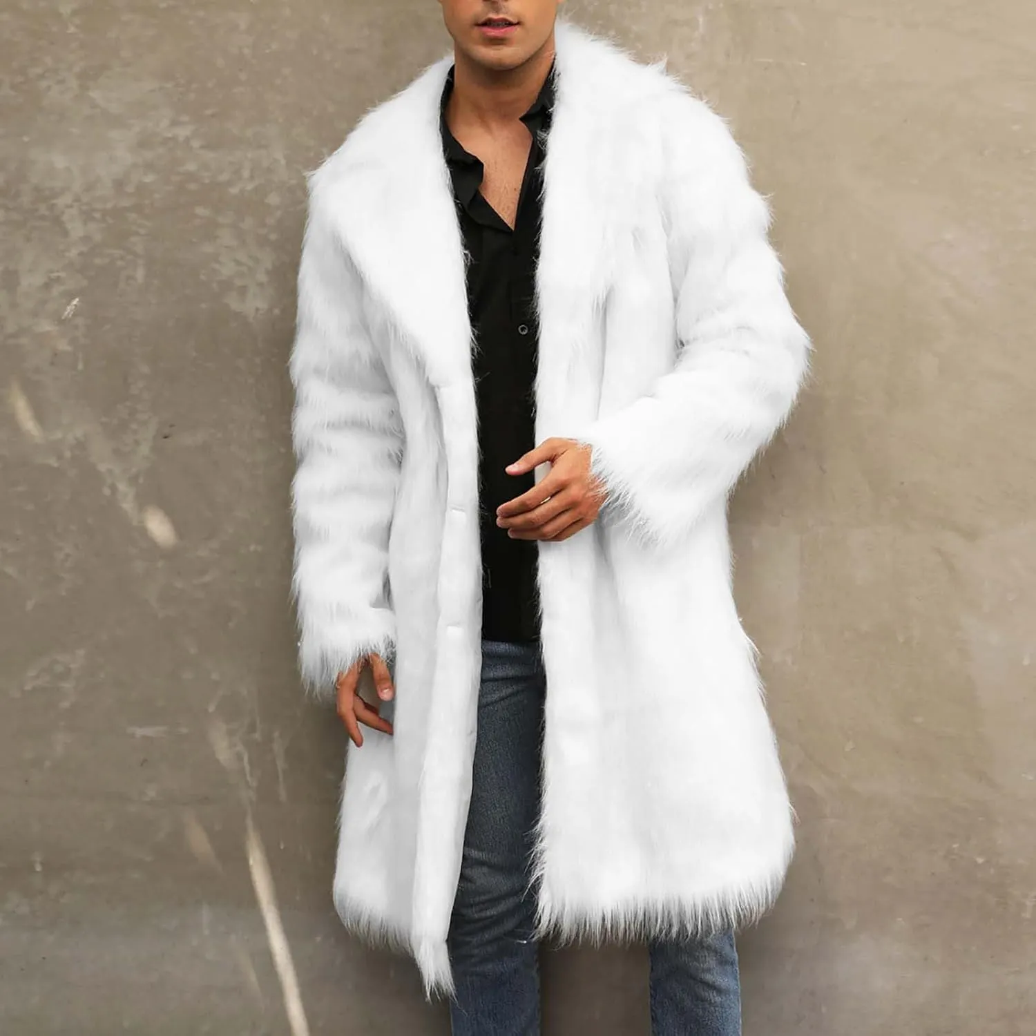 Men's Faux Fur Coat Long Open Front Cardigan Winter Fuzzy Fleece Jacket Warm Overcoat Turn Down Collar Coat