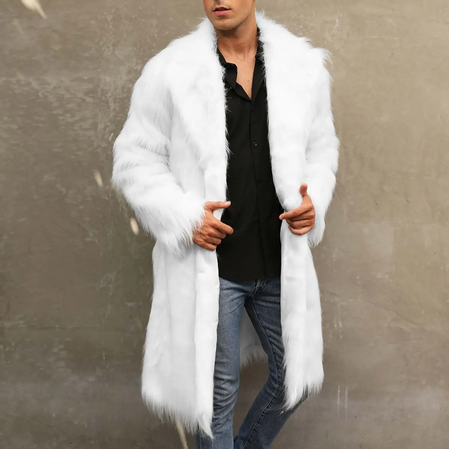 Men's Faux Fur Coat Long Open Front Cardigan Winter Fuzzy Fleece Jacket Warm Overcoat Turn Down Collar Coat