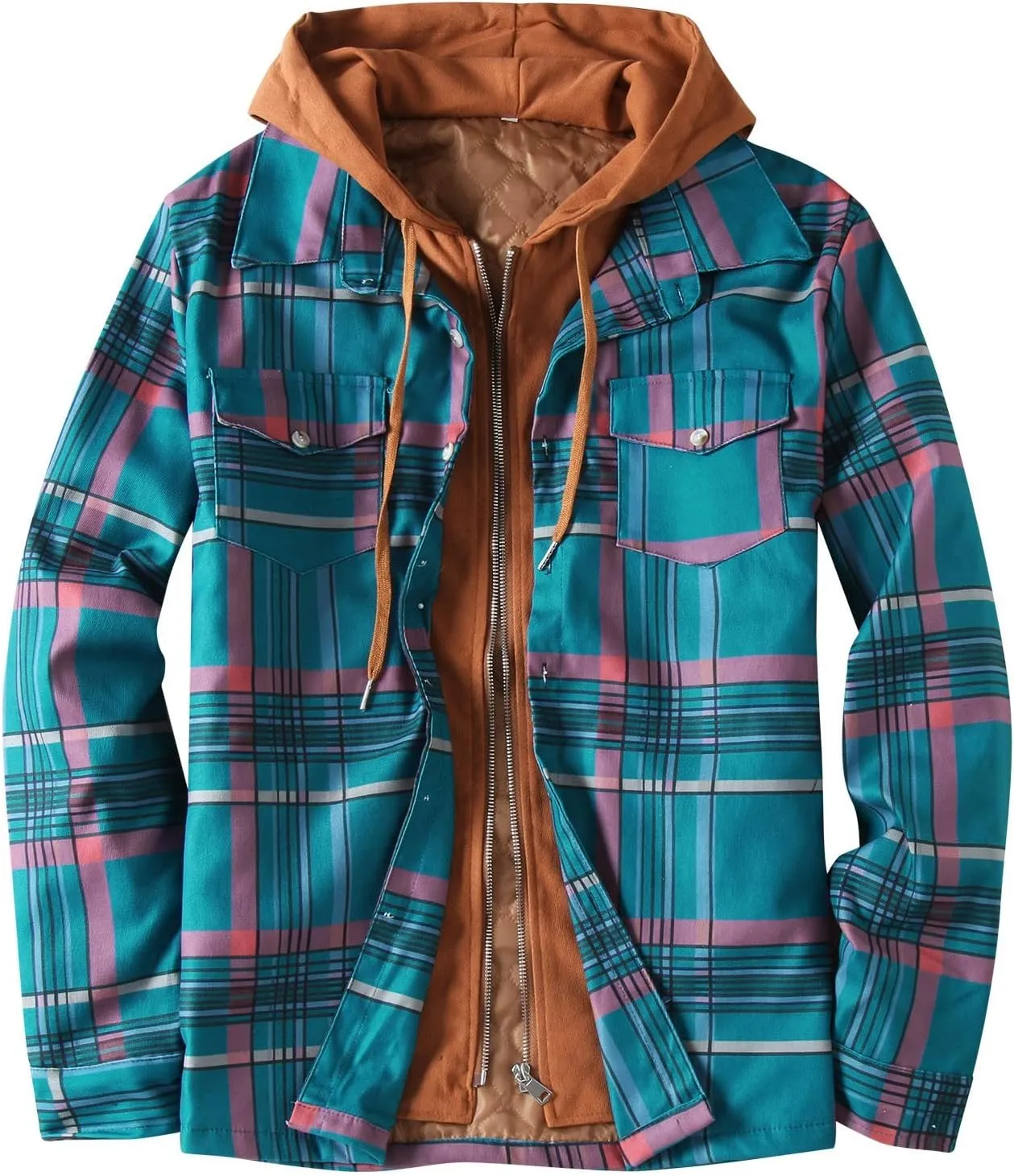 Men's Flannel Jackets Autumn Stripe Print Hooded Zipper Pocket Long Sleeve Shirt Patchwork Jacket Casual Long