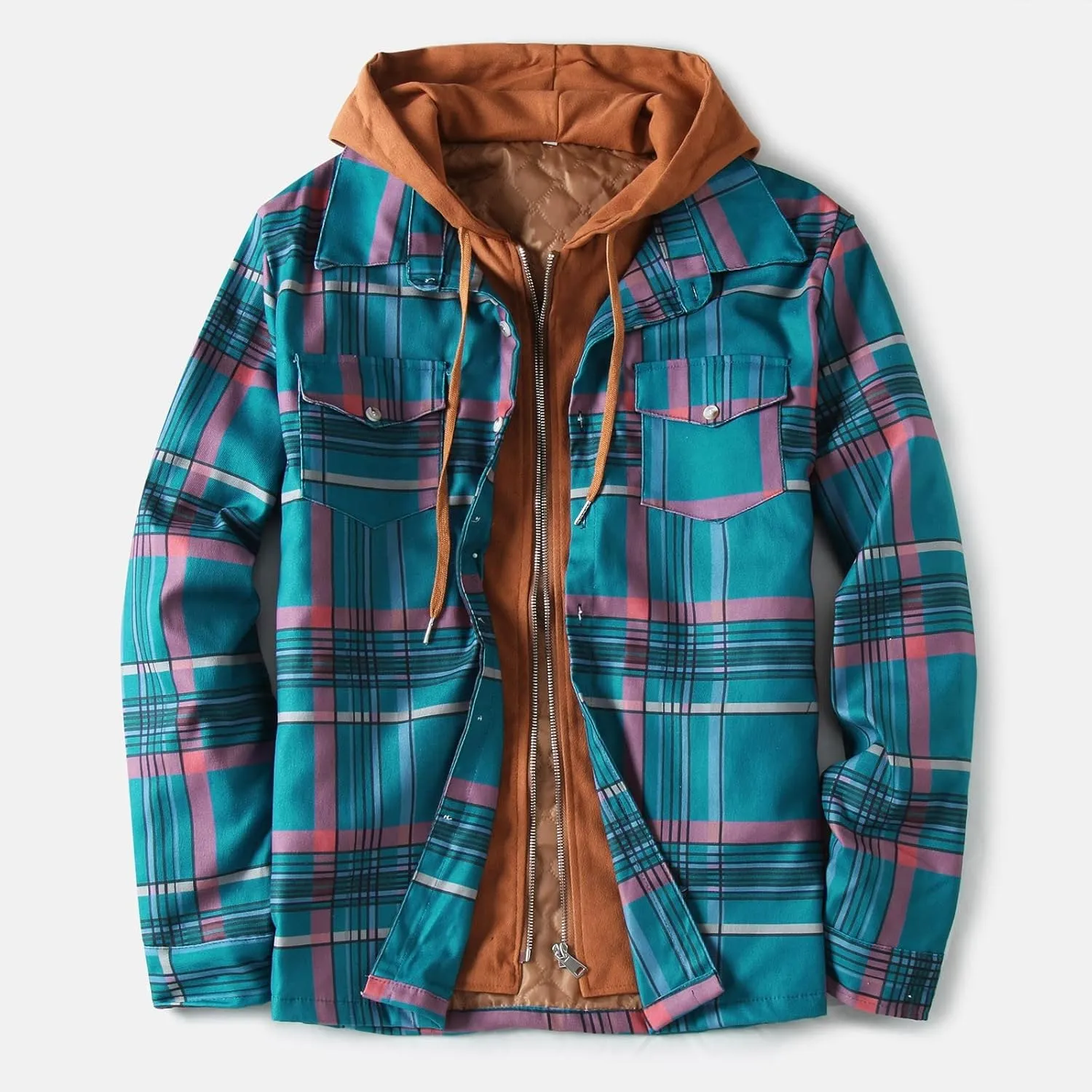 Men's Flannel Jackets Autumn Stripe Print Hooded Zipper Pocket Long Sleeve Shirt Patchwork Jacket Casual Long