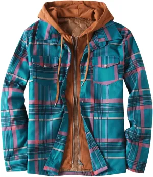 Men's Flannel Jackets Autumn Stripe Print Hooded Zipper Pocket Long Sleeve Shirt Patchwork Jacket Casual Long