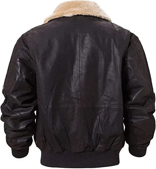 Men's G1 Flying Aviator Pilot Multiple Patches Bomber Leather Jacket With Removable Fur Collar for men.