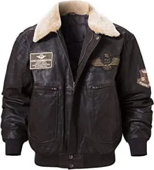 Men's G1 Flying Aviator Pilot Multiple Patches Bomber Leather Jacket With Removable Fur Collar for men.