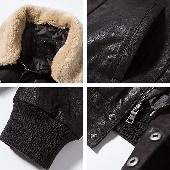 Men's G1 Flying Aviator Pilot Multiple Patches Bomber Leather Jacket With Removable Fur Collar for men.