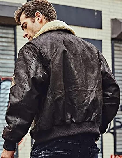 Men's G1 Flying Aviator Pilot Multiple Patches Bomber Leather Jacket With Removable Fur Collar for men.