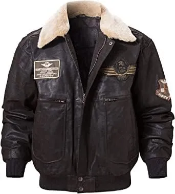 Men's G1 Flying Aviator Pilot Multiple Patches Bomber Leather Jacket With Removable Fur Collar for men.