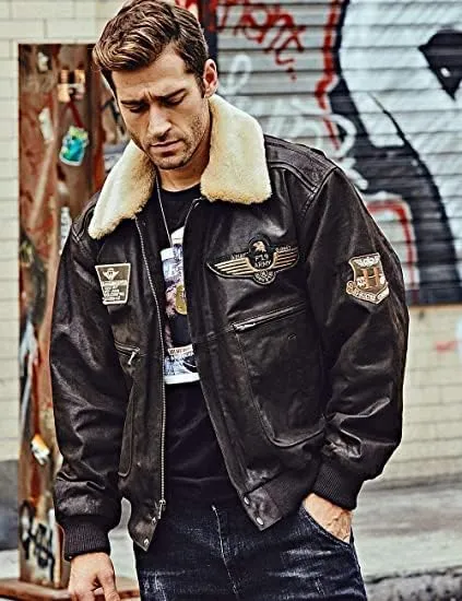 Men's G1 Flying Aviator Pilot Multiple Patches Bomber Leather Jacket With Removable Fur Collar for men.