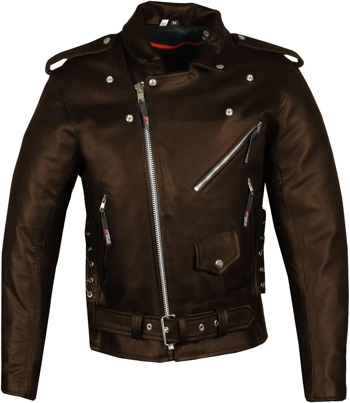Men's ICONIC Brando Leather Motorcycle Jacket Premium Real Natural Buffalo Biker Jacket - Side Laces Concealed Carry Pockets, All-Season Leather Motorcycle Jacket for Men Brown M