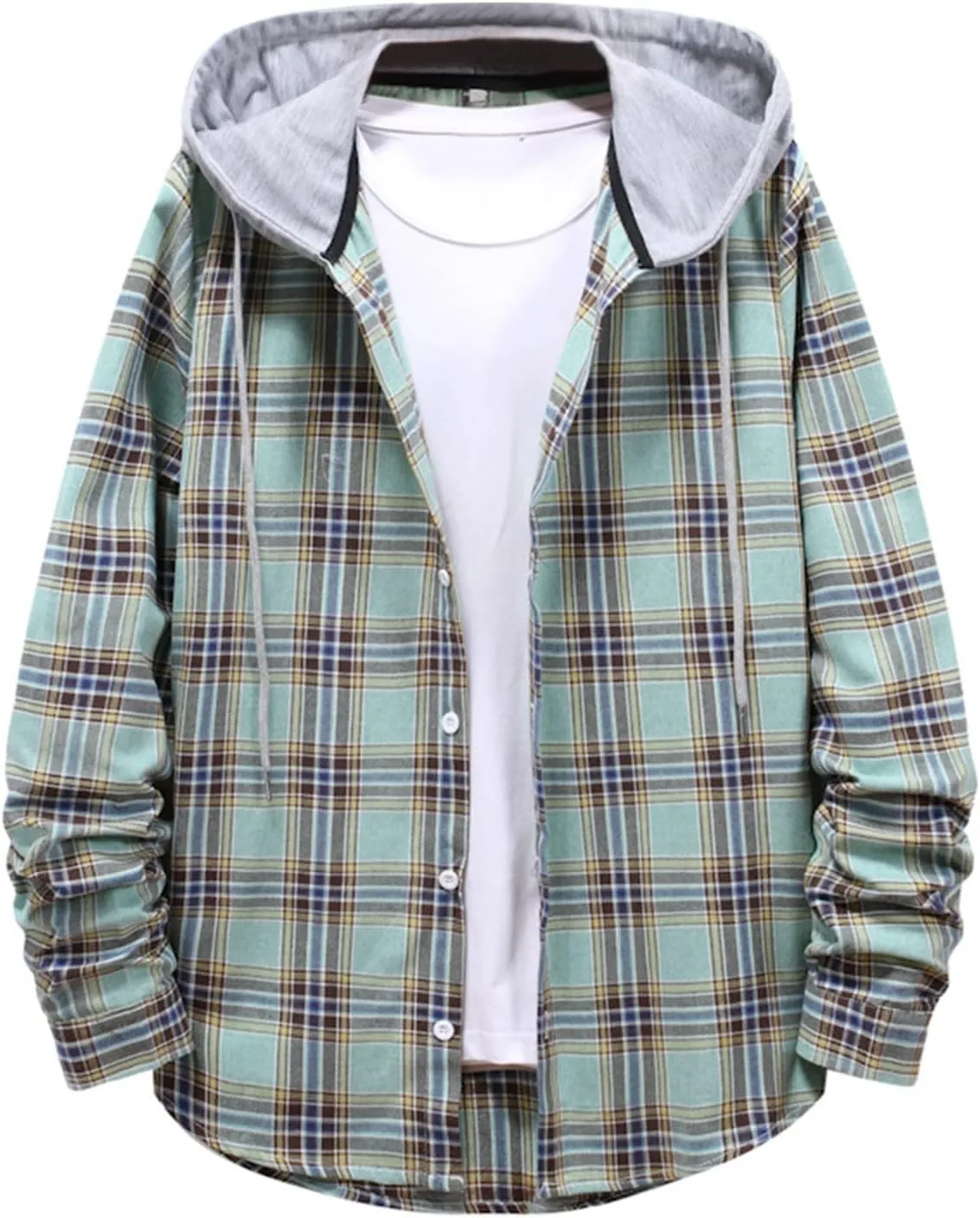 Men's Plaid Hooded Shirts Shirt Hooded Collar Long Sleeve Shirt Blouse Coat with Zipper Casual Loose Thicken