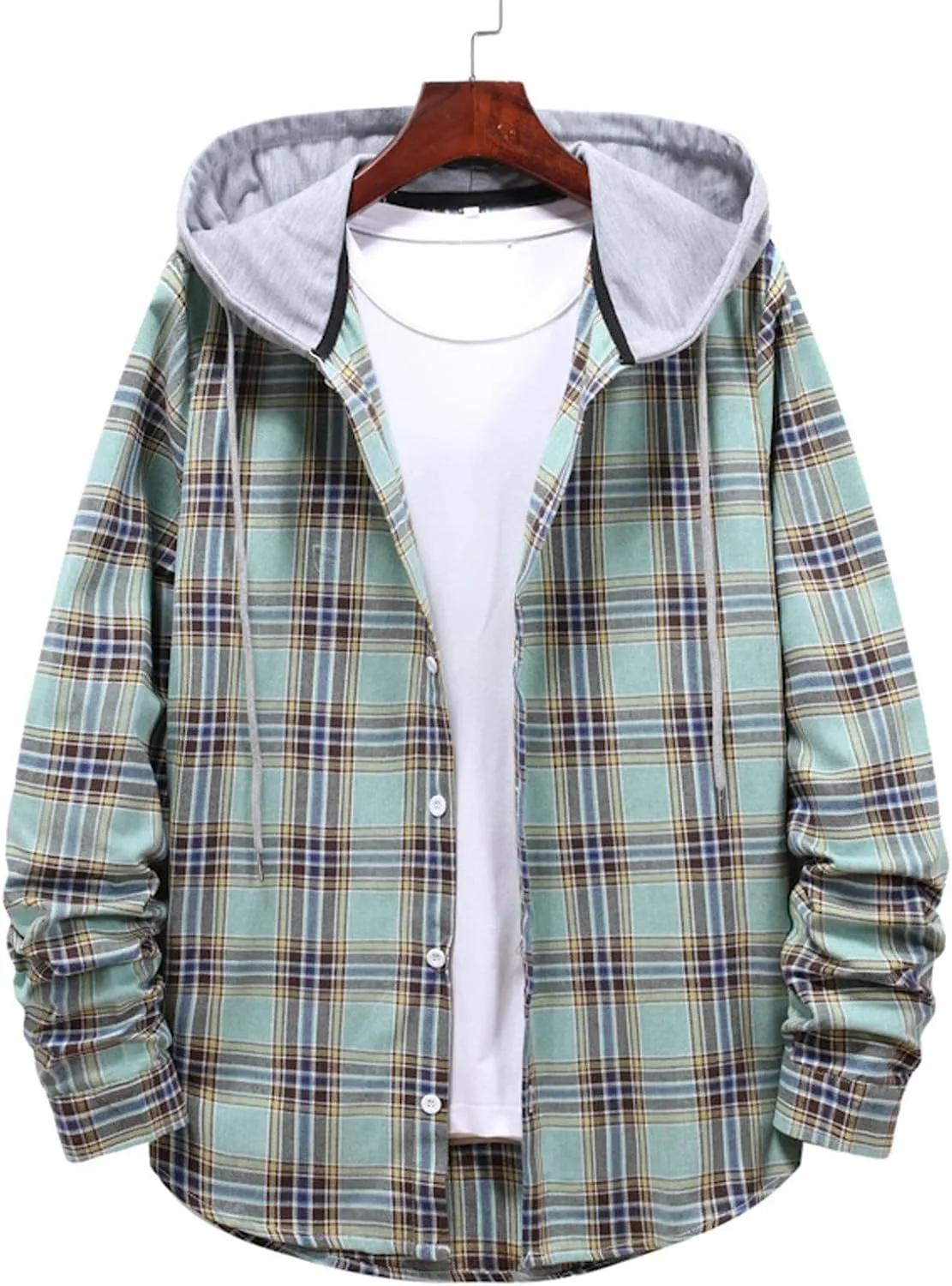 Men's Plaid Hooded Shirts Shirt Hooded Collar Long Sleeve Shirt Blouse Coat with Zipper Casual Loose Thicken