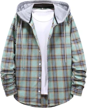 Men's Plaid Hooded Shirts Shirt Hooded Collar Long Sleeve Shirt Blouse Coat with Zipper Casual Loose Thicken