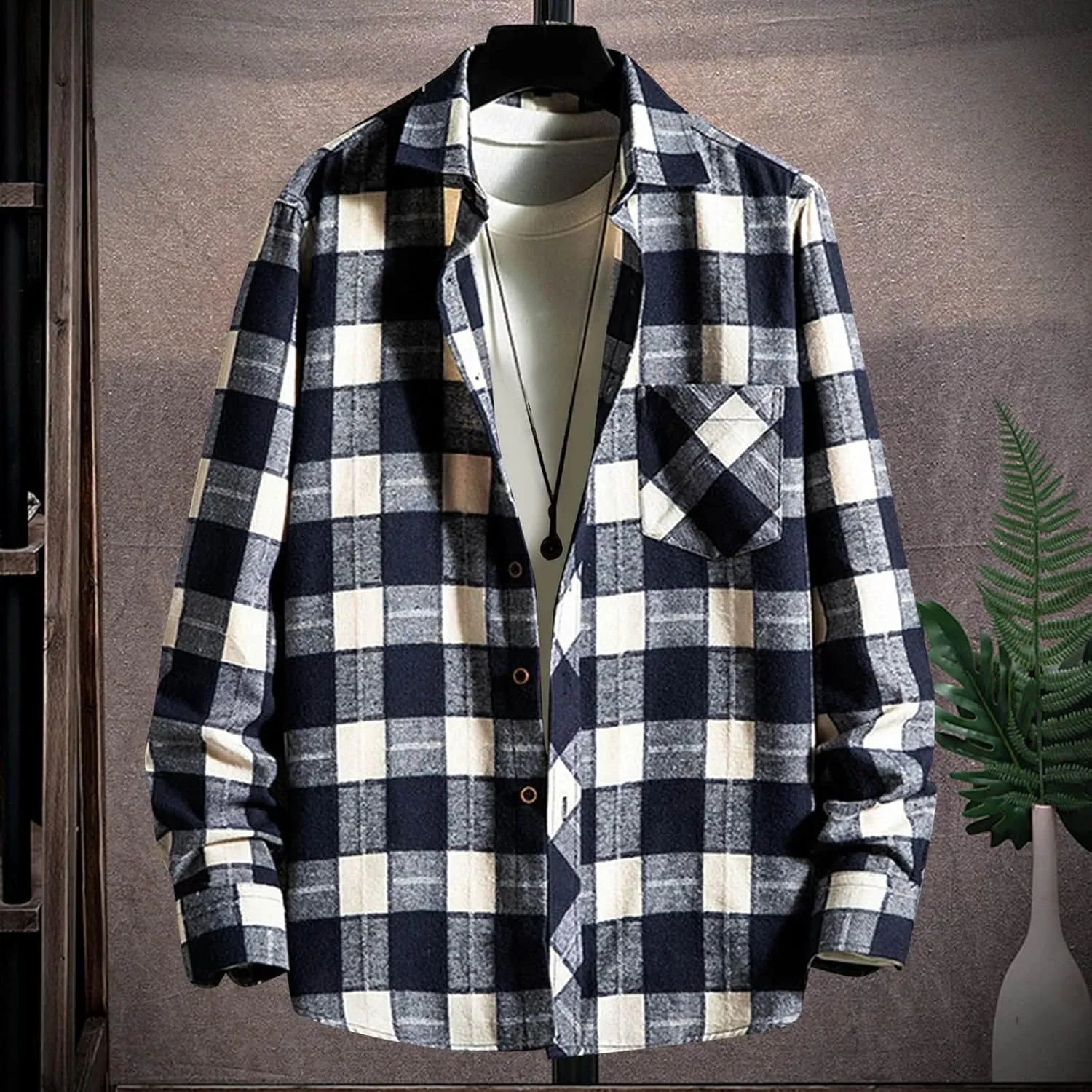 Men's Plaid Hooded Shirts Square Printing Lightweight Breathable Long Sleeve Lapel Men Plus Size Big&Tall Mens with