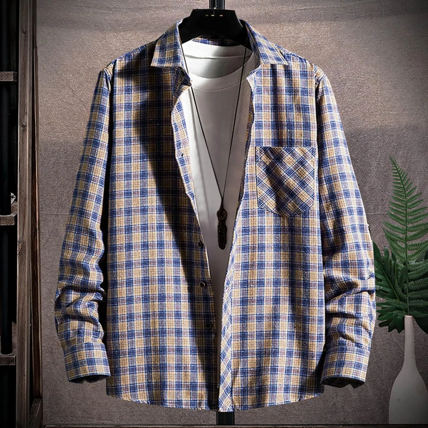 Mens Plaid Jacket Fashionable Square Printing Lightweight Breathable Long Sleeve Lapel Formal Shirt with Hood for