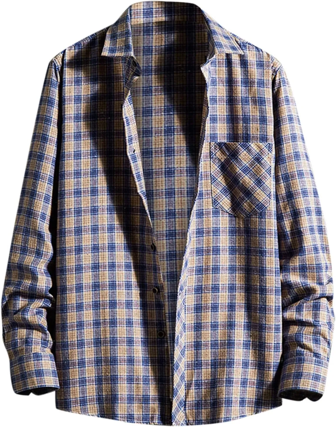 Mens Plaid Jacket Fashionable Square Printing Lightweight Breathable Long Sleeve Lapel Formal Shirt with Hood for