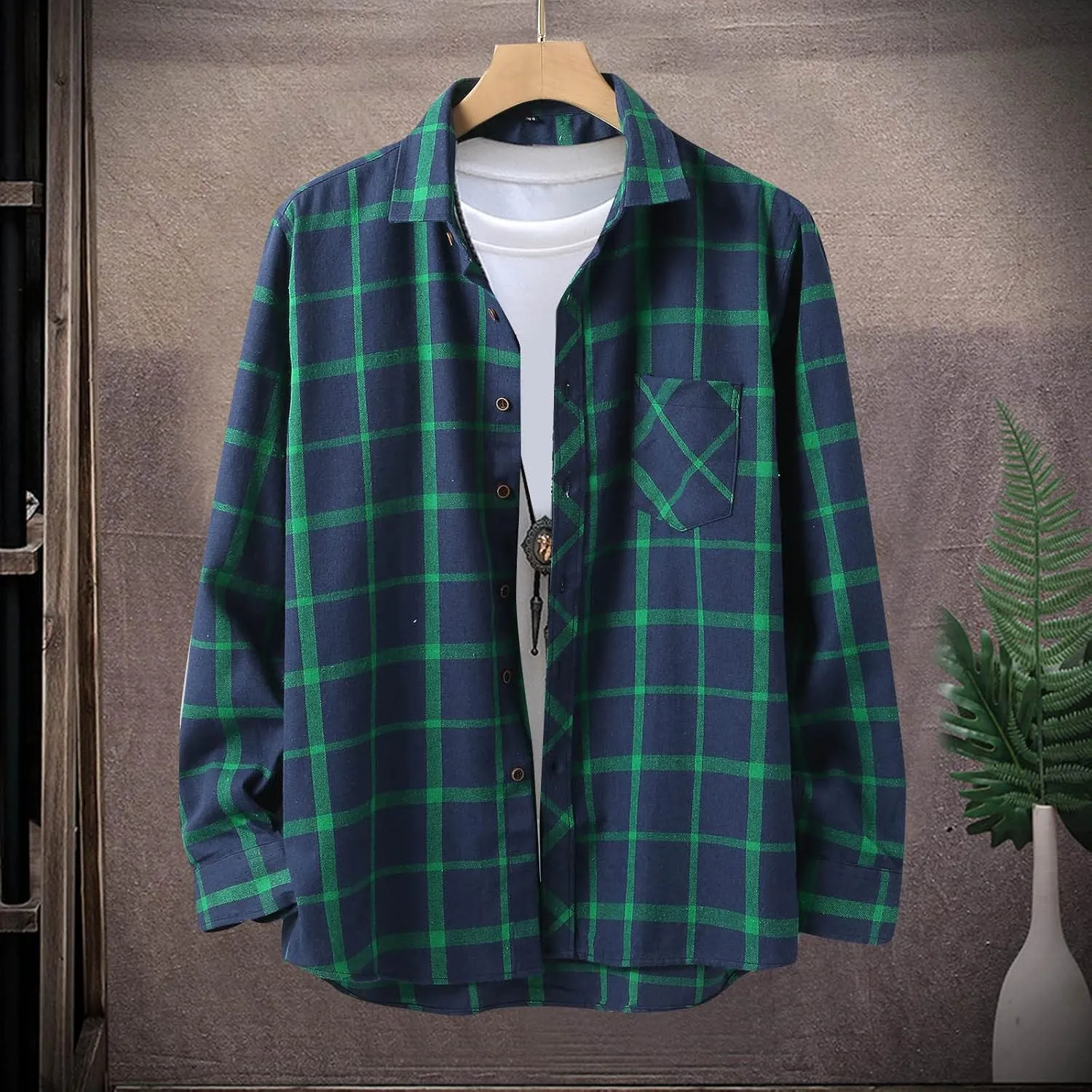 Mens Plaid Jacket Fashionable Square Printing Lightweight Breathable Long Sleeve Lapel Formal Shirt with Hood for
