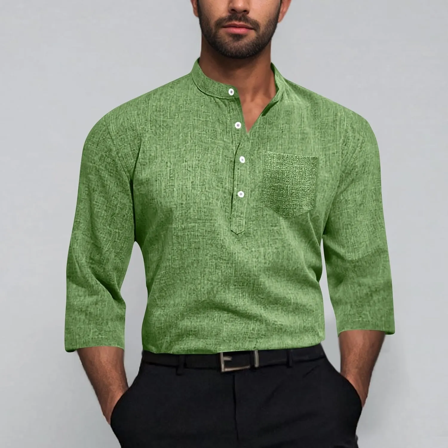 Men's Polo Shirts Mock Neck Roll-Up 3/4 Sleeve Pullover Shirt Solid Color Casual T-Shirt with Pocket Faux Cotton Linen Tee