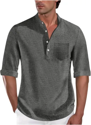 Men's Polo Shirts Mock Neck Roll-Up 3/4 Sleeve Pullover Shirt Solid Color Casual T-Shirt with Pocket Faux Cotton Linen Tee