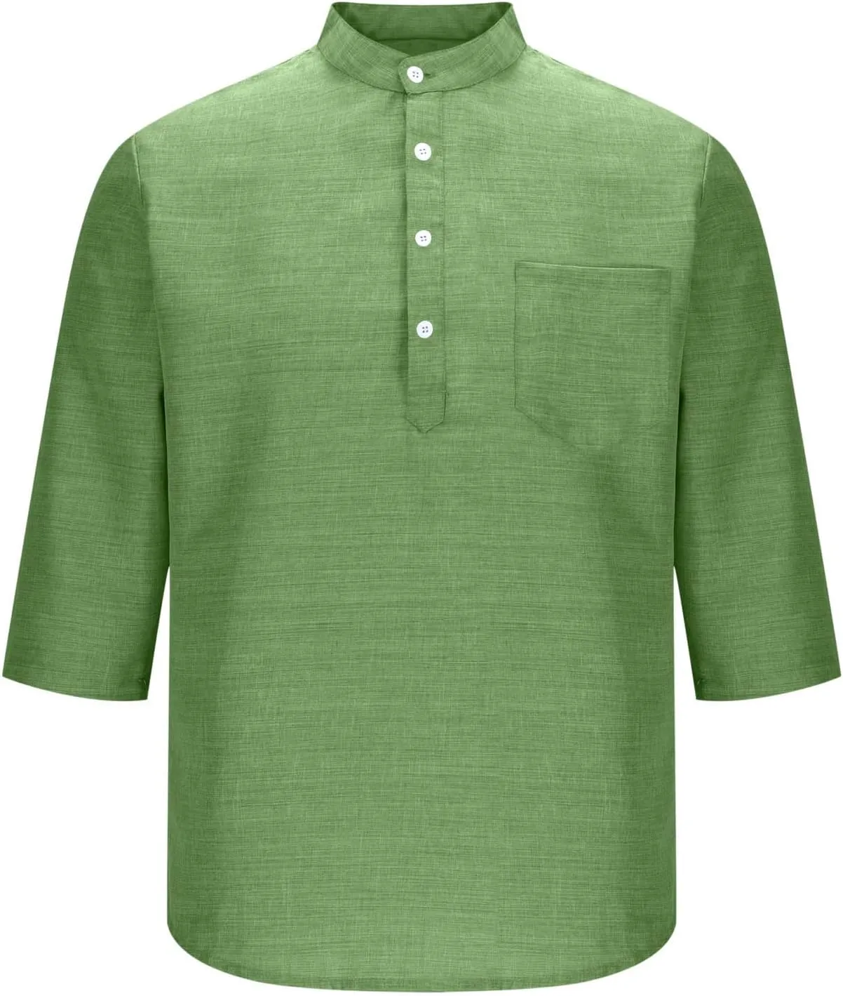 Men's Polo Shirts Mock Neck Roll-Up 3/4 Sleeve Pullover Shirt Solid Color Casual T-Shirt with Pocket Faux Cotton Linen Tee