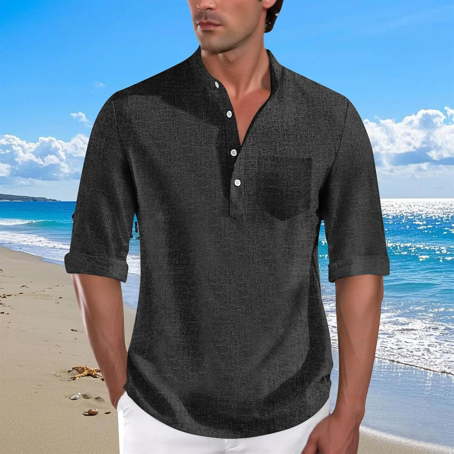 Men's Polo Shirts Mock Neck Roll-Up 3/4 Sleeve Pullover Shirt Solid Color Casual T-Shirt with Pocket Faux Cotton Linen Tee