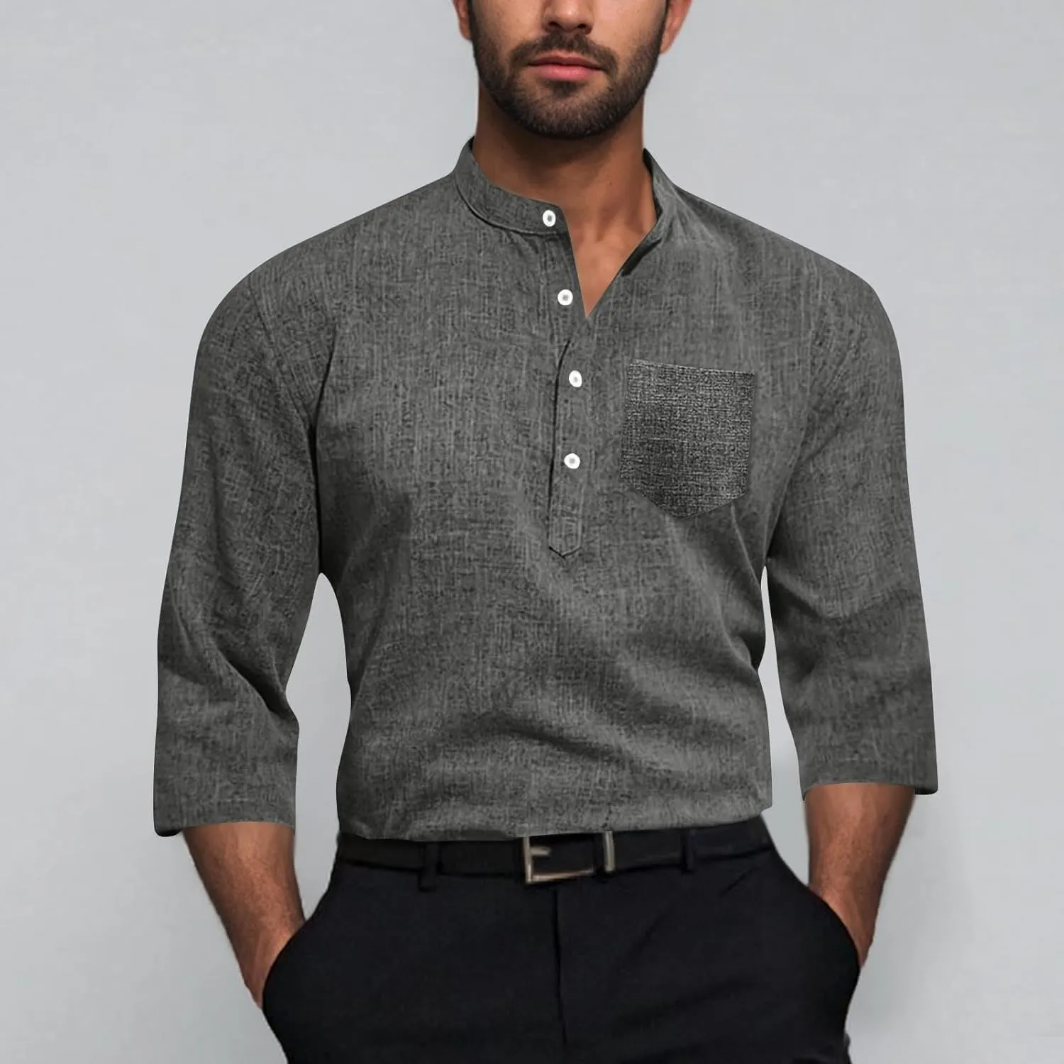 Men's Polo Shirts Mock Neck Roll-Up 3/4 Sleeve Pullover Shirt Solid Color Casual T-Shirt with Pocket Faux Cotton Linen Tee