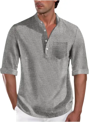 Men's Polo Shirts Mock Neck Roll-Up 3/4 Sleeve Pullover Shirt Solid Color Casual T-Shirt with Pocket Faux Cotton Linen Tee